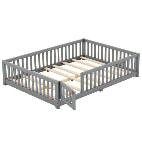 Full Size Bed Floor Bed With Safety Guardrails And Door For Kids