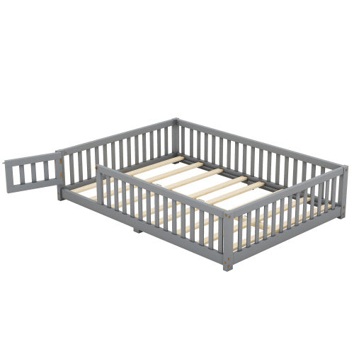 Full Size Bed Floor Bed With Safety Guardrails And Door For Kids