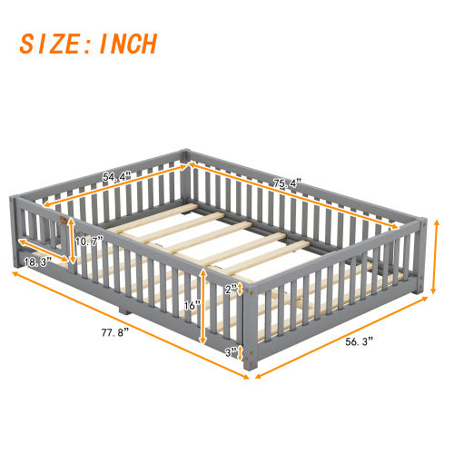 Full Size Bed Floor Bed With Safety Guardrails And Door For Kids